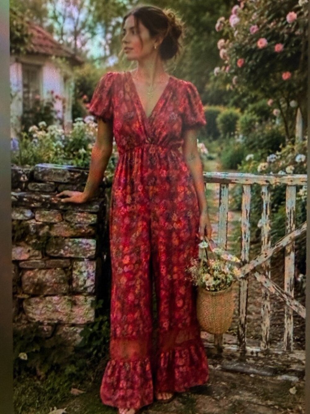 A Coleective Story Full Length Big Leg Deep V-Neckline Puff Sleeved ROMPER